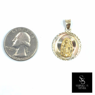 Mother Mary 14K Yellow Gold Pendant size comparison next to a US quarter