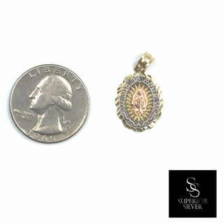 Mother Mary 14K Yellow Gold Pendant size comparison next to a US quarter