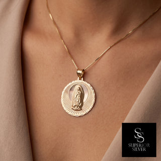 Mother Mary 14K Yellow Gold Pendant worn on a model