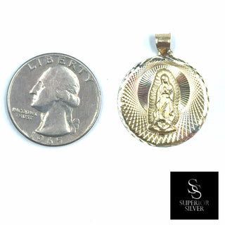 Mother Mary 14K Yellow Gold Pendant size comparison next to a US quarter