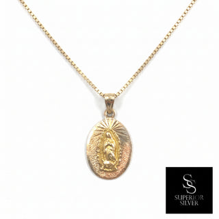 Mother Mary 14K Yellow Gold Pendant on a box chain
