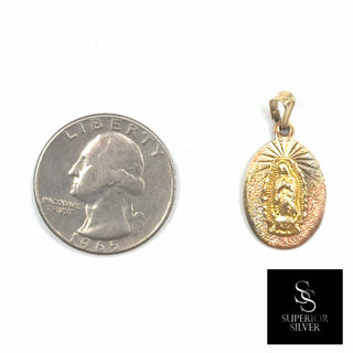 Mother Mary 14K Yellow Gold Pendant size comparison next to a US quarter