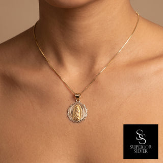 Mother Mary 14K Yellow Gold Pendant worn on a model