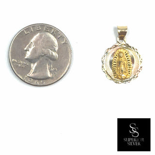 Mother Mary 14K Yellow Gold Pendant size comparison next to a US quarter