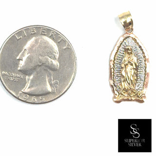 Mother Mary Diamond-Cut 10K Yellow Gold Pendant size comparison next to a US quarter