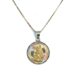 Superior Silver 14K tri-color gold Mother Mary medallion pendant with diamond-cut detailing on a gold chain