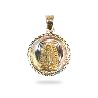 Superior Silver 14K tri-color gold Mother Mary medallion pendant with diamond-cut yellow, white, and rose gold details.