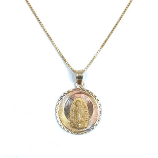 Superior Silver 14K tri-color gold Mother Mary medallion pendant with diamond-cut detailing on a gold chain.
