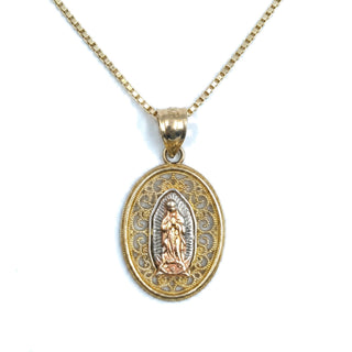 Mother Mary Medallion 14K Tri-Color Gold Pendant on box chain