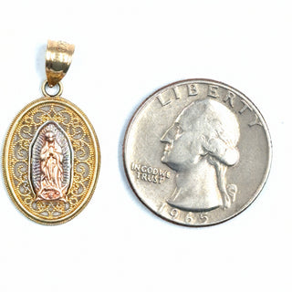 Mother Mary Medallion 14K Tri-Color Gold Pendant quarter size comparison