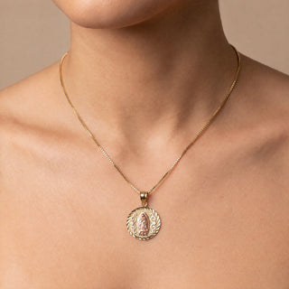 Mother Mary Medallion 14K Yellow Gold Pendant worn on model
