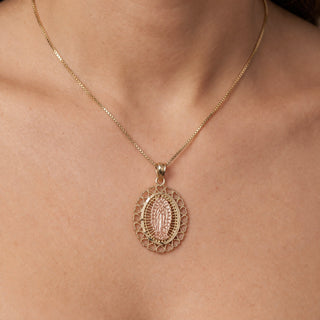 Mother Mary Medallion 14K Yellow Gold Pendant worn on model