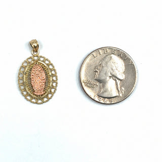 Mother Mary Medallion 14K Yellow Gold Pendant quarter size comparison