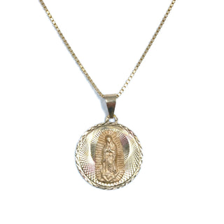 Superior Silver 14K yellow gold round Mother Mary medallion pendant with diamond-cut detailing on a box chain