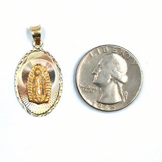 Mother Mary Medallion 14K Yellow Gold Pendant quarter size comparison