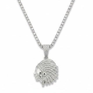 Native American Chief iced out moissanite pendant in sterling silver on a chain