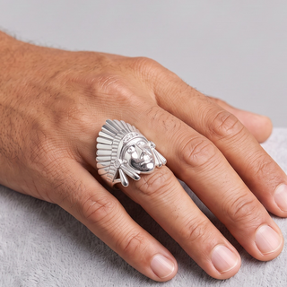 Native Chief Head with Feather Headdress Moissanite Ring in sterling silver, worn on hand