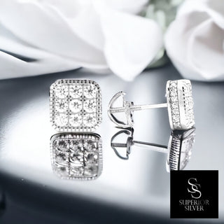Nine-stone square grid moissanite stud earrings in sterling silver, view 2