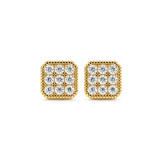 Nine-stone square grid moissanite stud earrings in yellow gold vermeil over sterling silver