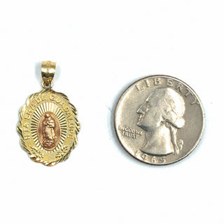 Nuestra Senora de Guadalupe 14K Yellow Gold Pendant quarter size comparison