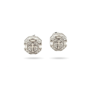 Octagon baguette cross halo moissanite stud earrings in sterling silver