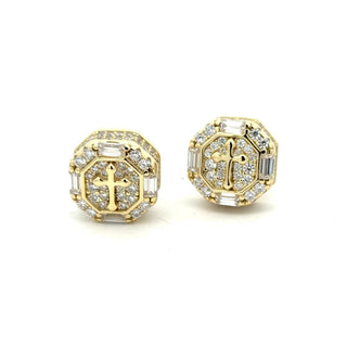 Octagon baguette cross halo moissanite stud earrings in yellow gold vermeil over sterling silver