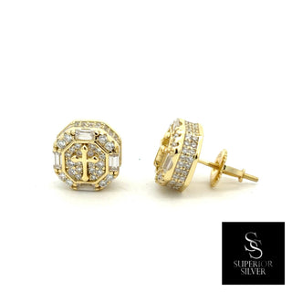 Octagon baguette cross halo moissanite stud earrings in yellow gold vermeil over sterling silver, view 2