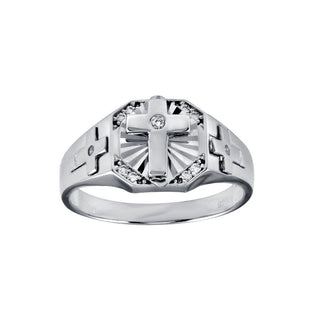 Octagon Cross Signet with Cross Shoulders Moissanite Ring in sterling silver