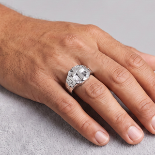 Octagon Cross Signet with Cross Shoulders Moissanite Ring in sterling silver, worn on hand