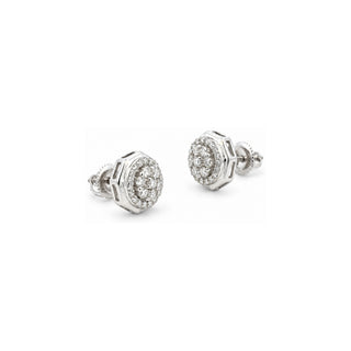Octagon frame round halo cluster moissanite stud earrings in sterling silver