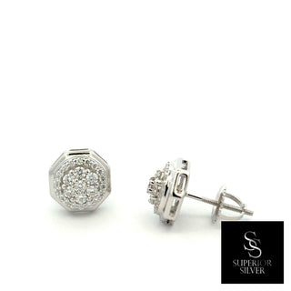 Octagon frame round halo cluster moissanite stud earrings in sterling silver, view 2