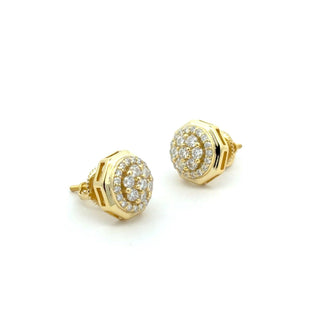 Octagon frame round halo cluster moissanite stud earrings in yellow gold vermeil over sterling silver