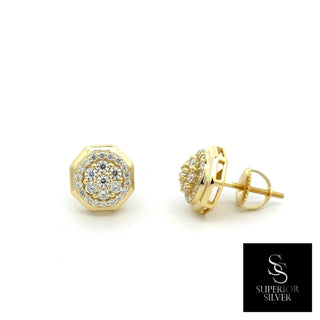 Octagon frame round halo cluster moissanite stud earrings in yellow gold vermeil over sterling silver, view 2