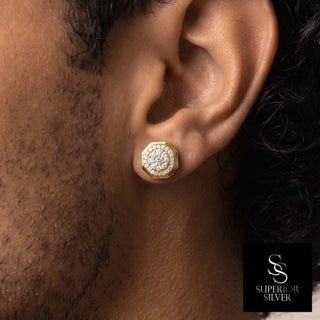 Octagon frame round halo cluster moissanite stud earrings in yellow gold vermeil over sterling silver, worn on model