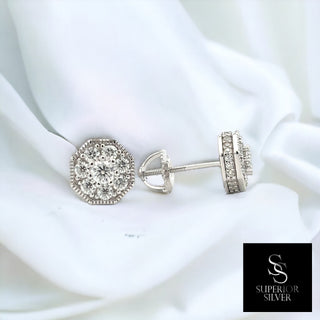 Octagon milgrain flower cluster moissanite stud earrings in sterling silver