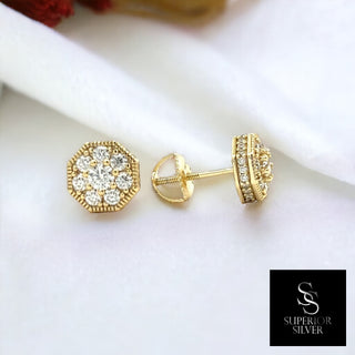 Octagon milgrain flower cluster moissanite stud earrings in yellow gold vermeil over sterling silver