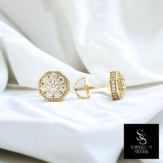 Octagon milgrain flower cluster moissanite stud earrings in yellow gold vermeil over sterling silver, view 2