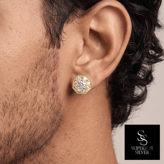 Octagon milgrain flower cluster moissanite stud earrings in yellow gold vermeil over sterling silver, worn on model