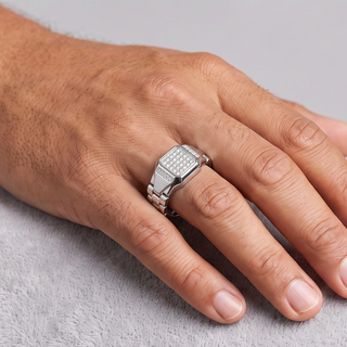 Octagon Pavé Signet with Watch-Band Link Shank Moissanite Ring in sterling silver, worn on hand