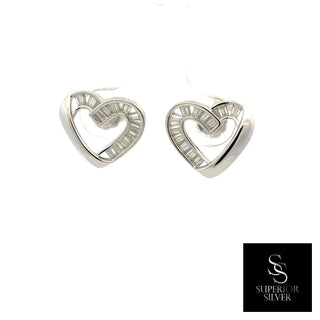 Open baguette heart moissanite stud earrings in sterling silver, view 2