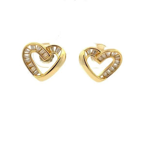 Open baguette heart moissanite stud earrings in yellow gold vermeil over sterling silver