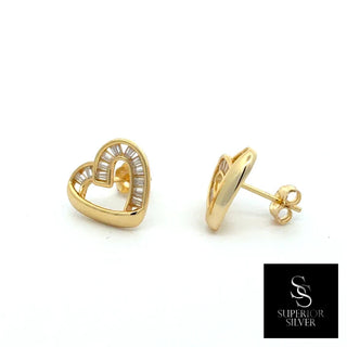 Open baguette heart moissanite stud earrings in yellow gold vermeil over sterling silver, view 2