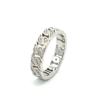 Open chain link band with stone-set links moissanite ring in sterling silver