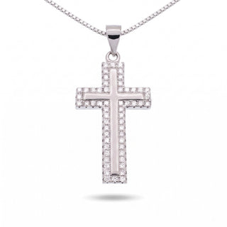Open Double-Outline Pavé Cross Moissanite Pendant in Sterling Silver on chain