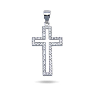 Open Double-Outline Pavé Cross Moissanite Pendant in sterling silver, view 2