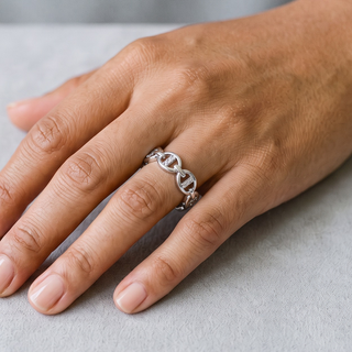Open Mariner Link Band with Stone Bars Moissanite Ring in sterling silver, worn on hand