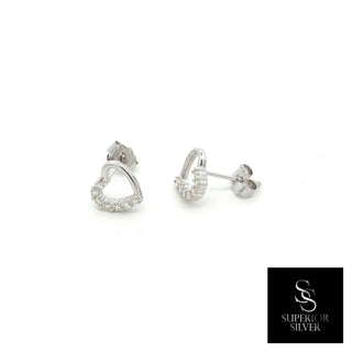 Open pavé heart outline moissanite stud earrings in sterling silver, view 2