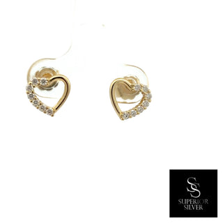 Open pavé heart outline moissanite stud earrings in yellow gold vermeil over sterling silver, view 2