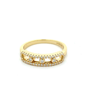 Open pavé rails with floating bezel stones moissanite ring in yellow gold vermeil over sterling silver