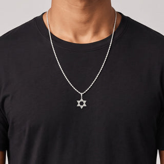 Open Single-Row Star of David Moissanite Pendant in sterling silver, worn on model